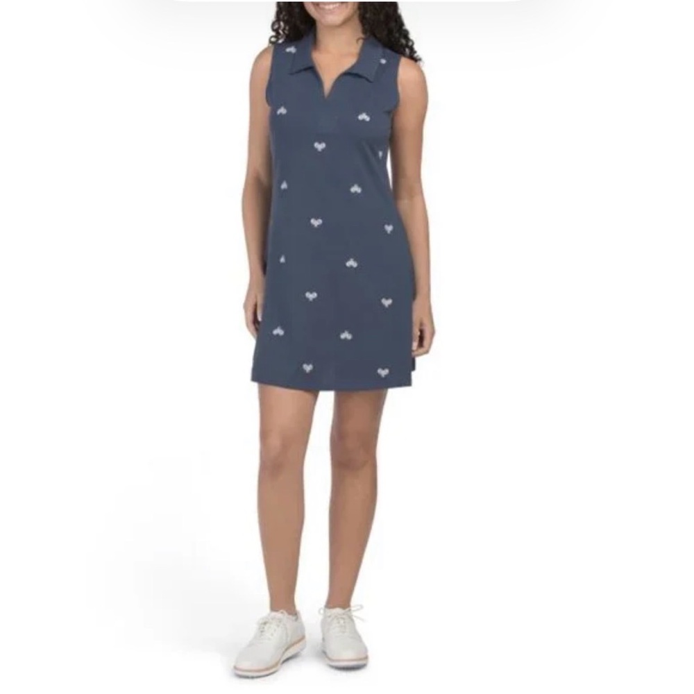 SIGRID OLSEN Sleeveless Navy Polo Dress with Embroidered Pickleball Rackets